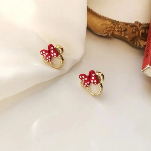 Dainty Gold Minnie Mouse Bow Stud Earrings Minnie Gold & Red Polka Dot Studs - Picture 4 of 9
